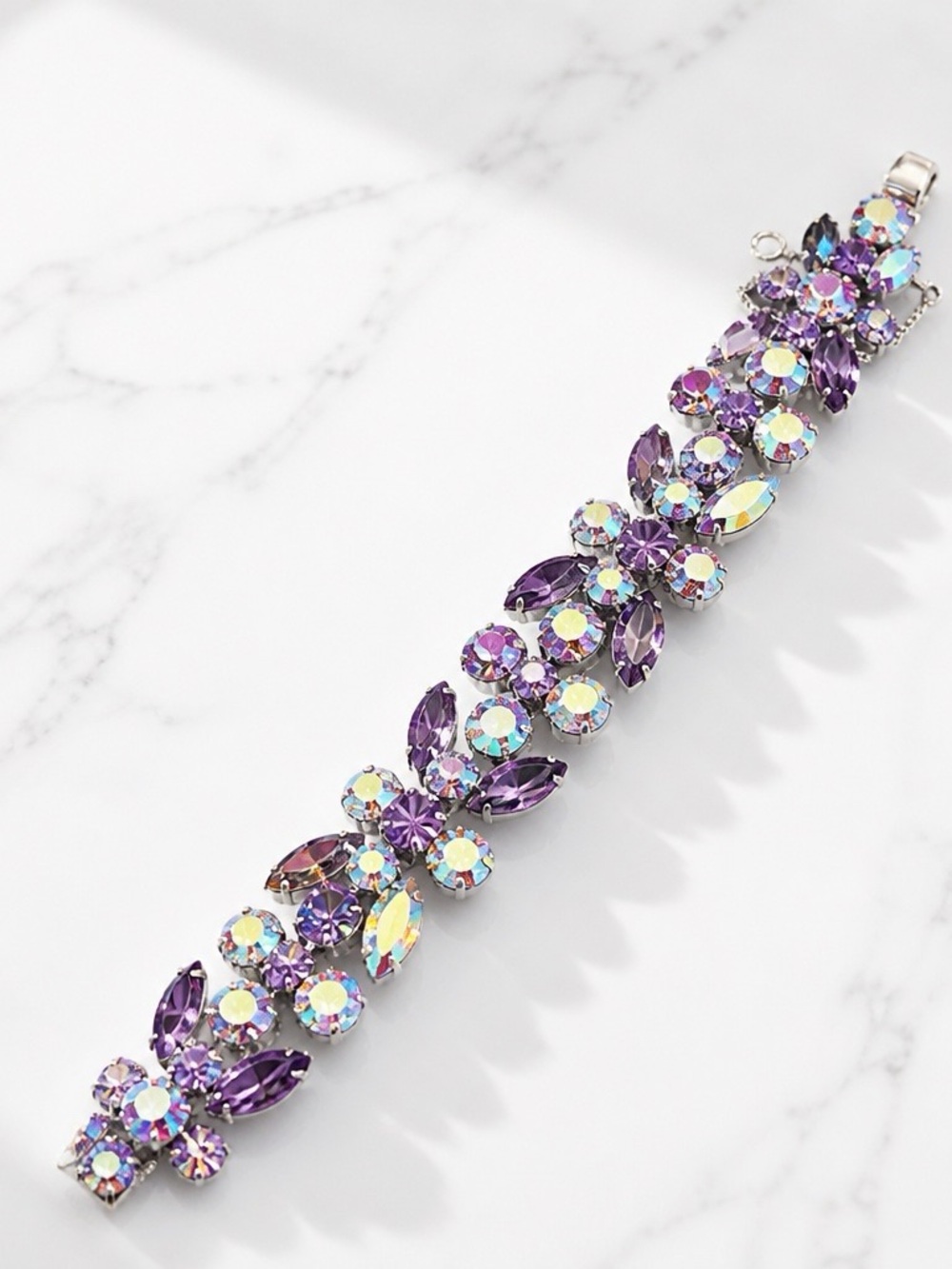 2231 - Schiaparelli 1950 Vintage Crystal Leaf Bracelet Clip earrings, Brooch